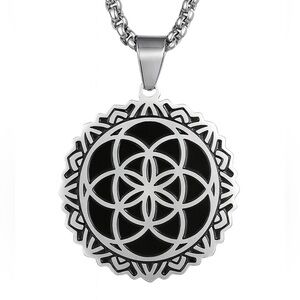 Stainless Steel Mandala Flower of Life Necklace 24” Geometric Pendant